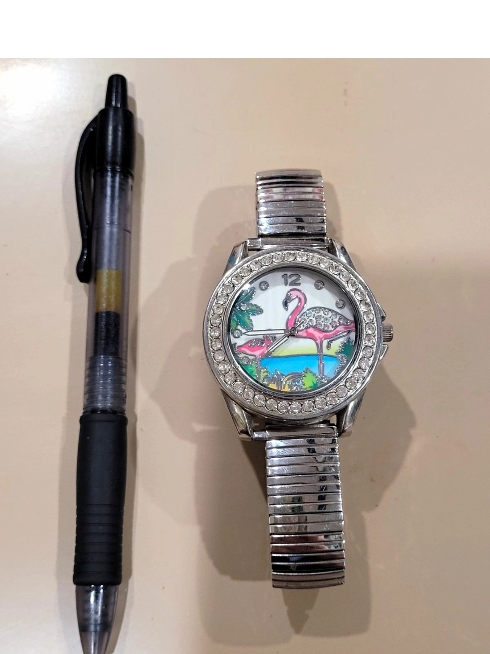 Silver Rhinestone Flamingo Dial Women's Watch - Pink Accent - Picture 2 of 3